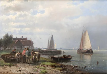 Scena costiera con barche da pesca e pescatori sulla riva